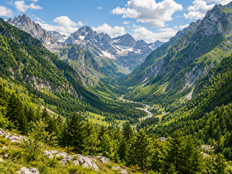 Albanian Alps valley surrounded by dramatic green peaks