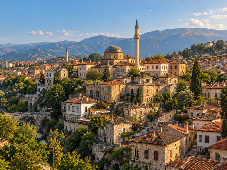 Historic Albanian stone city with mosque and mountain backdrop