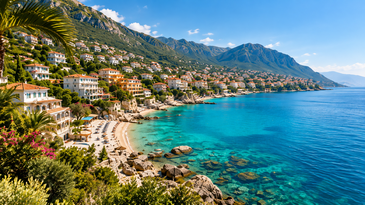 Albanian Riviera with turquoise sea and mountain-backed coastal homes
