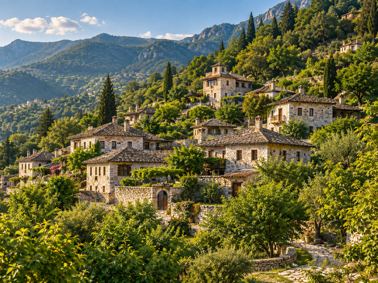 Traditional stone houses in a lush Albanian mountain village