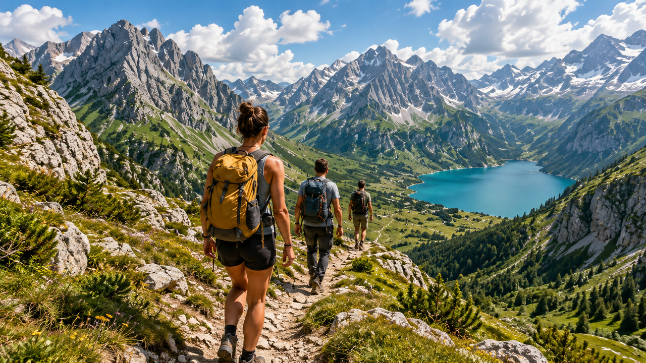 Hikers walking through the Albanian Alps toward a mountain lake