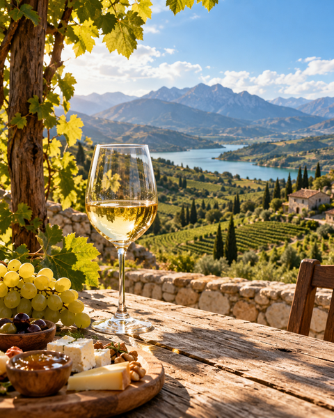 Albanian wine tasting overlooking vineyards and mountains
