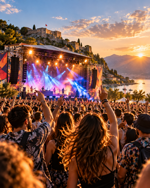 Outdoor Albanian music festival at sunset