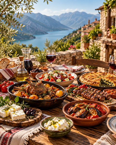 Traditional Albanian dishes served outdoors