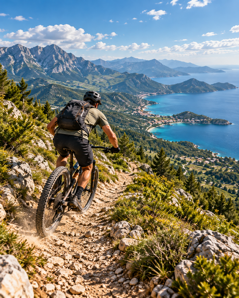 Mountain biker descending an Albanian coastal mountain trail
