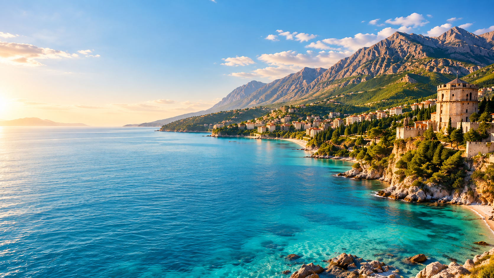 Albanian coast with turquoise sea, mountain slopes and a historic tower