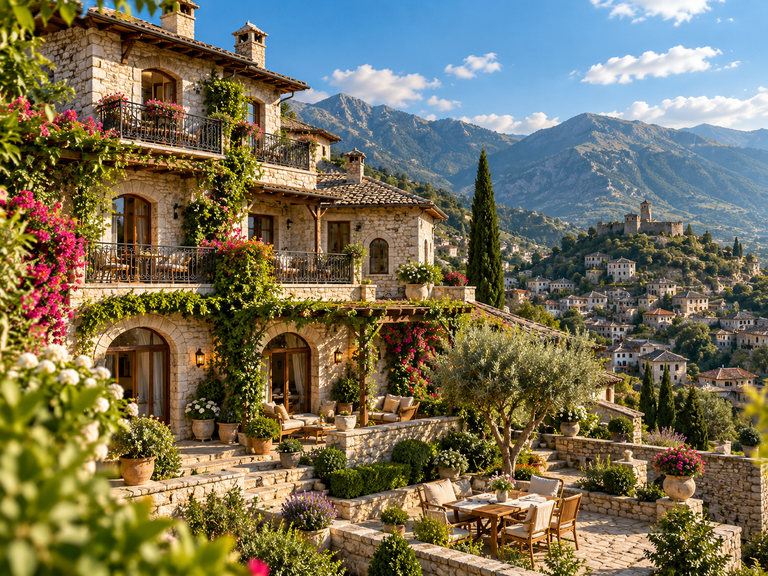 Traditional Albanian agritourism house and garden